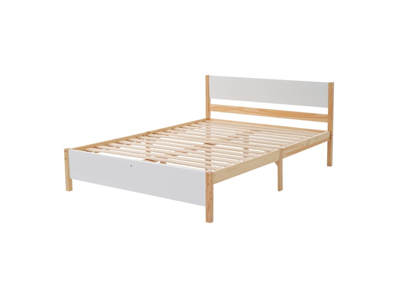  Lit double en bois 140x200 cm, cadre en pin avec pied central, lit enfant, lit adulte avec tête et pied de lit en mdf, blanc+naturel  - Conforama B