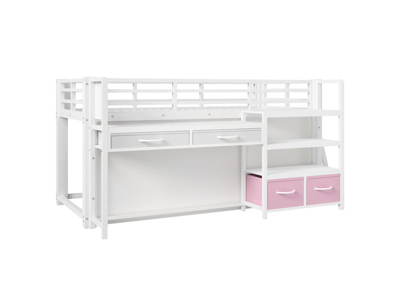 Lit superposé 90x200 cm blanc métal avec bureau rangement tiroirs tissu rideau étagères led pour chambre enfant Sol Morn - Conforama A