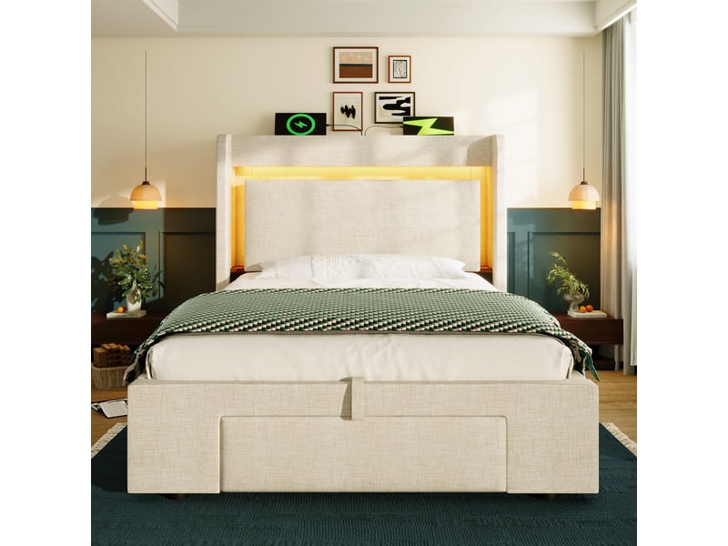  Lit coffre 90x200 cm, rangement hydraulique, tiroirs, tête de lit avec rangement, éclairage led, usb et usb-c pour chambre - beige  - Conforama E