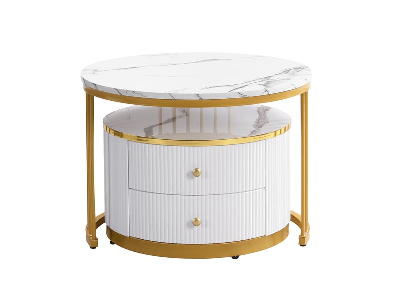  Lot de 2 tables basses rondes 60x60x45,5 cm et 50x50x32 cm avec 2 tiroirs, plateaux mdf effet marbre brillant, blanc  - Conforama D