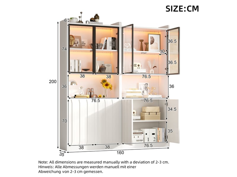  Vitrine 2 pièces 160x35x200 cm led bluetooth, 8 portes, verre de sécurité, panneaux de particules blanc  - Conforama C