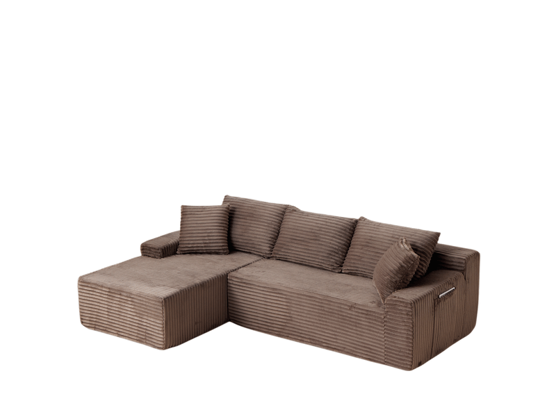  Canapé d’angle modulable gauche compressé 4 places en mousse et velours côtelé couleur marron, style moderne  - Conforama A