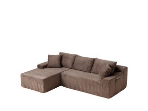 Canapé d’angle modulable gauche compressé 4 places en mousse et velours côtelé couleur marron, style moderne