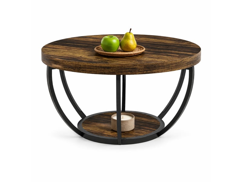Table basse ronde avec 2 niveaux de rangement, style moderne aux lignes épurées, en bois et métal, décor bois rustique - Conforama A