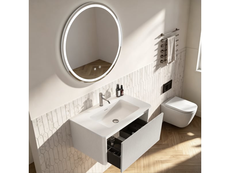  Meuble sous vasque suspendu avec miroir led rond, 1 tiroir et lavabo intégré en surface minérale pour salle de bain, blanc  - Conforama C