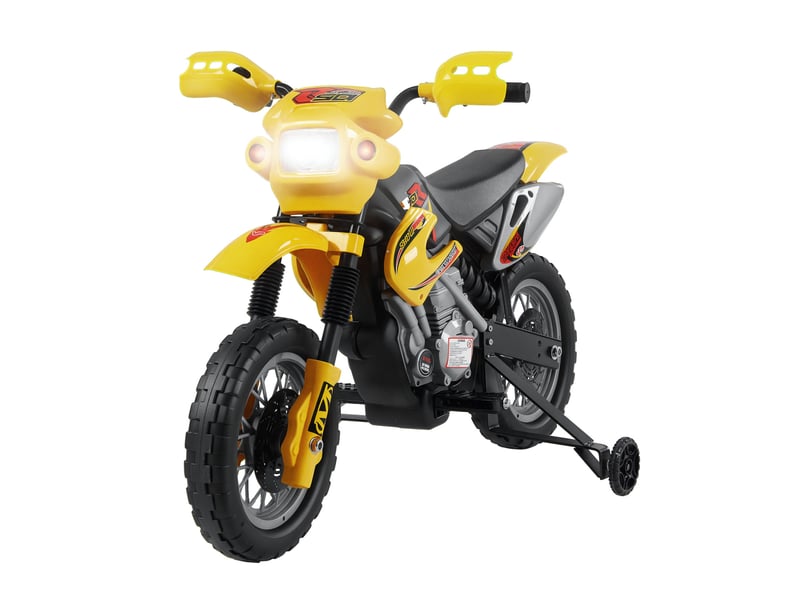  Moto électrique pour enfants à partir de 3 ans, moto cross électrique avec stabilisateurs, batterie 6 v, vitesse 2,5 kmh, 102 x 53 x 66 cm, jaune  - Conforama A