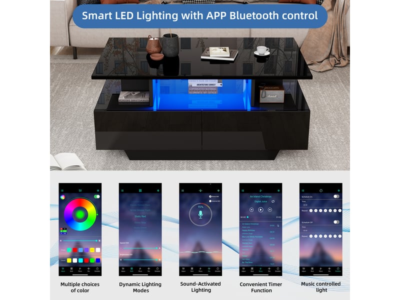  Table basse, avec éclairage led, avec 2 tiroirs, 90 x 55 x h 41 cm, noir, structure en panneau de particules, style moderne, pour votre salon Luxe haut de gamme - Conforama D