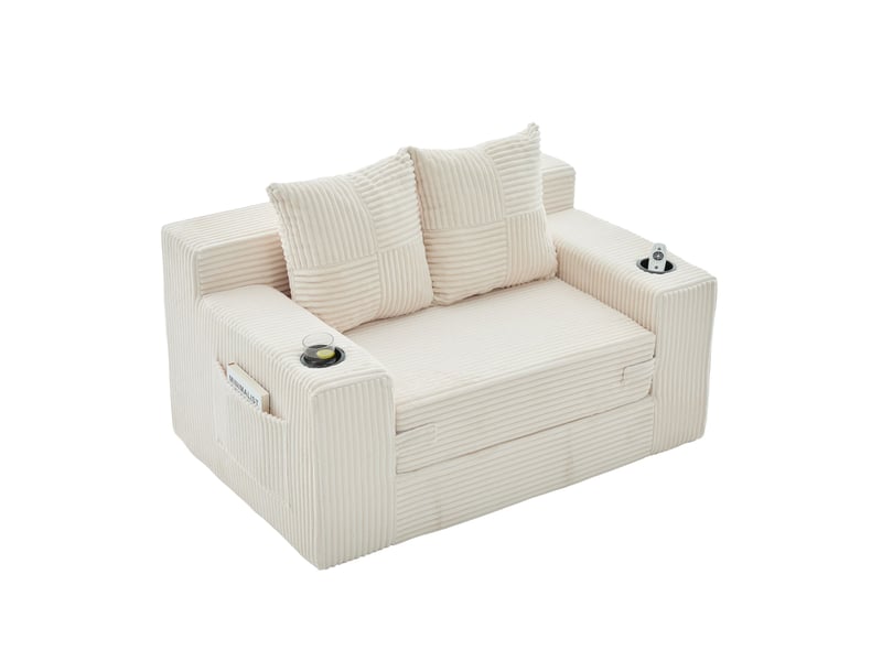  Canapé convertible 2 places 133x87x64 cm beige en velours côtelé, poches latérales et porte-gobelets  - Conforama A