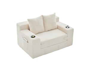 Canapé convertible 2 places 133x87x64 cm beige en velours côtelé, poches latérales et porte-gobelets