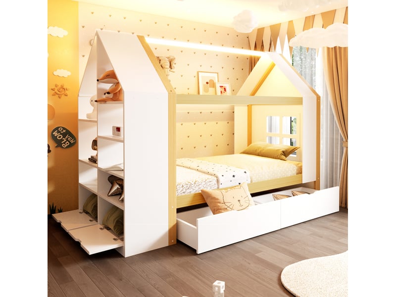 Lit enfant rangement 90x200 maison bois massif avec tiroirs et led blanc naturel homvra  - Conforama B