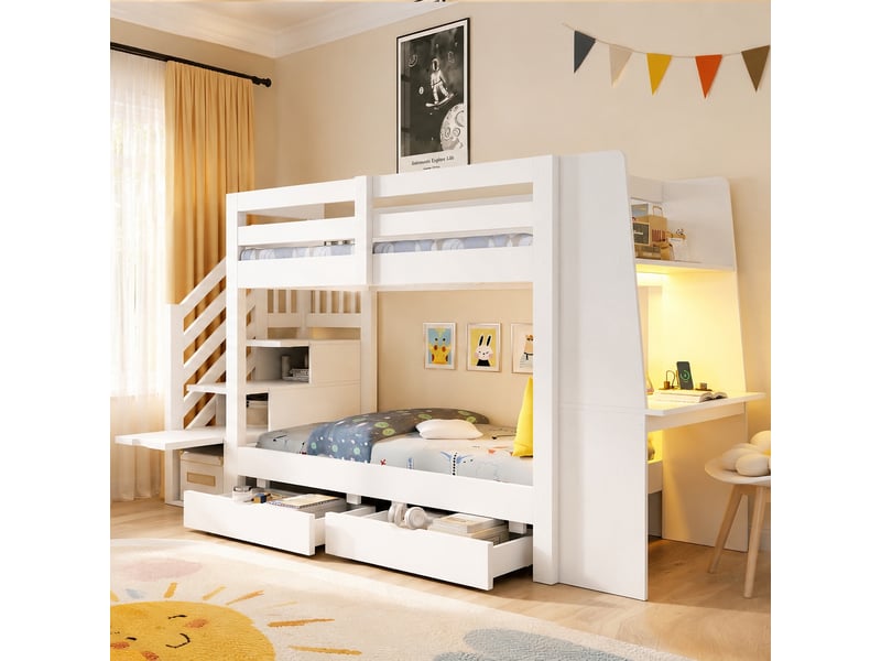 Lit superposé enfant en bois 90x200 cm avec bureau, escalier avec rangements, tiroirs, led et prise électrique, pour adolescent - blanc - Conforama E