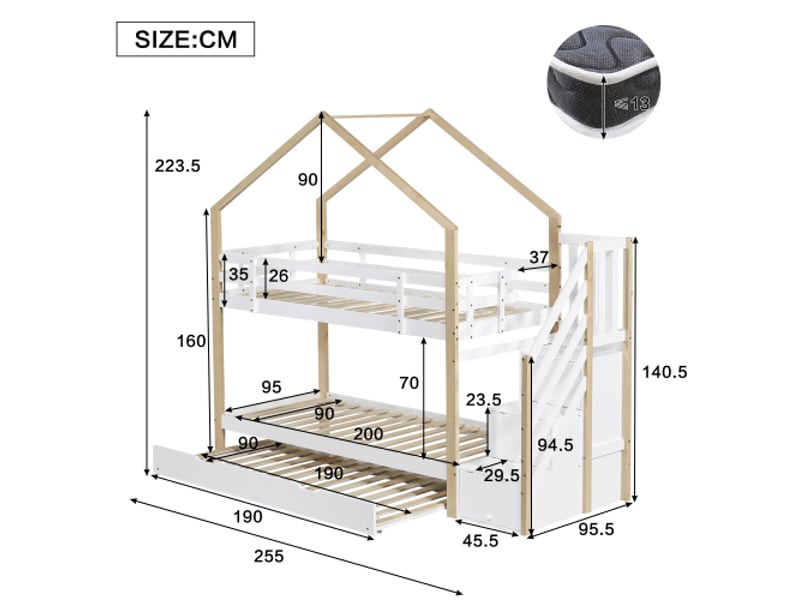  Lit superpose avec rangement lit de cabane extractible, lit coulissant, escalier avec 3 tiroirs, lit enfant avec barrières et protection  - Conforama C