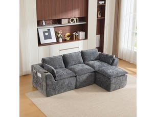 Canapé modulable 256 cm en velours côtelé - 3 places + pouf - porte-gobelet - 2 poches latérales - coussins - gris