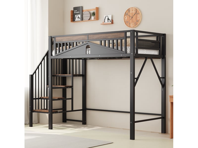  Lit mezzanine 90x200 cm avec échelle et rangements, coloris noir  - Conforama E