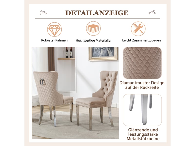  Lot de 6 chaises de salle à manger,53x62,5x94,5 cm,velours,beige  - Conforama D