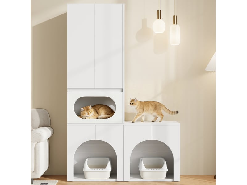  Meuble pour félins 140x45x195 cm – blanc – double espace litière, rangement et coin repos intégré  - Conforama B