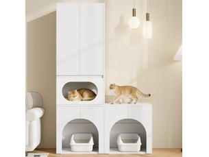 Meuble pour félins 140x45x195 cm – blanc – double espace litière, rangement et coin repos intégré