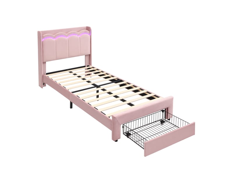  Lit enfant， 90x200 cm ， avec tiroir tête ondulée led ，velours ，rose  - Conforama A