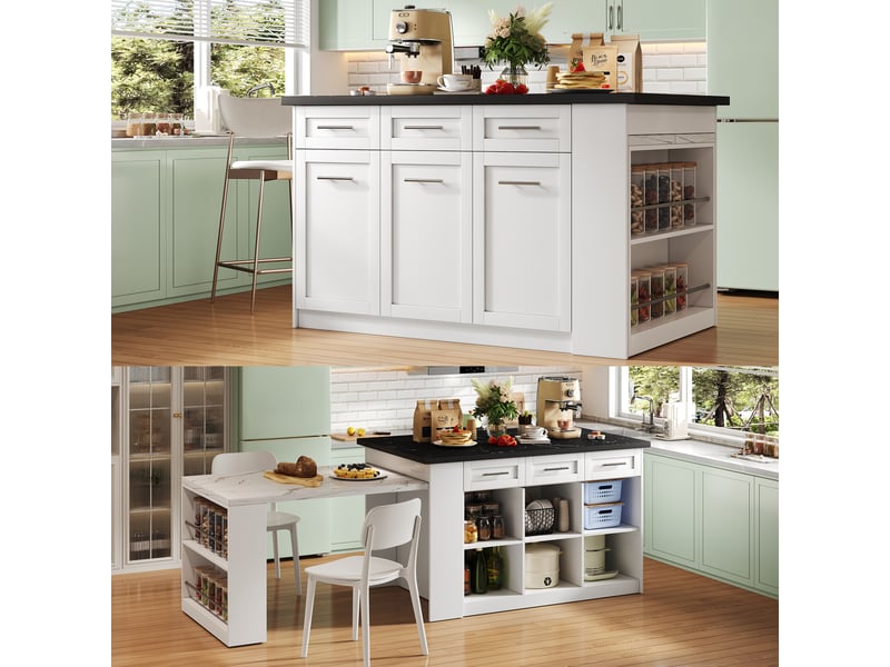  Îlot de cuisine 150x90x90 cm avec table coulissante 80x96 cm, 6 tiroirs, rangements réglables, plan effet marbre noir, table effet marbre blanc  - Conforama D