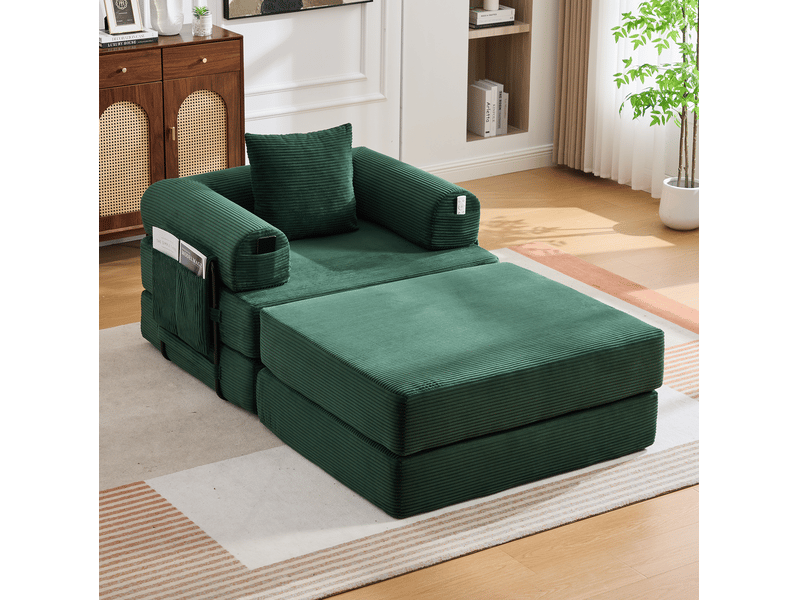 Fauteuil modulable modenvie en velours côtelé vert émeraude avec repose-pieds et coussin 112 x 190 x 67 cm - Conforama B