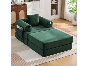 Fauteuil modulable modenvie en velours côtelé vert émeraude avec repose-pieds et coussin 112 x 190 x 67 cm