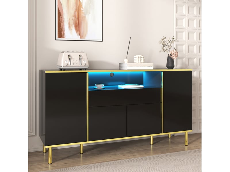 Buffet bas noir brillant avec led, 4 portes et 1 tiroir - 150 x 40 x 80 cm - Conforama C