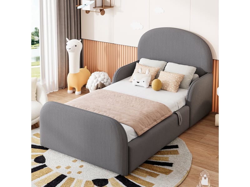  Lit capitonné enfant 90 x 200 cm gris, rangement hydraulique, tête et pied hauts, garde-corps sécurisés  - Conforama E