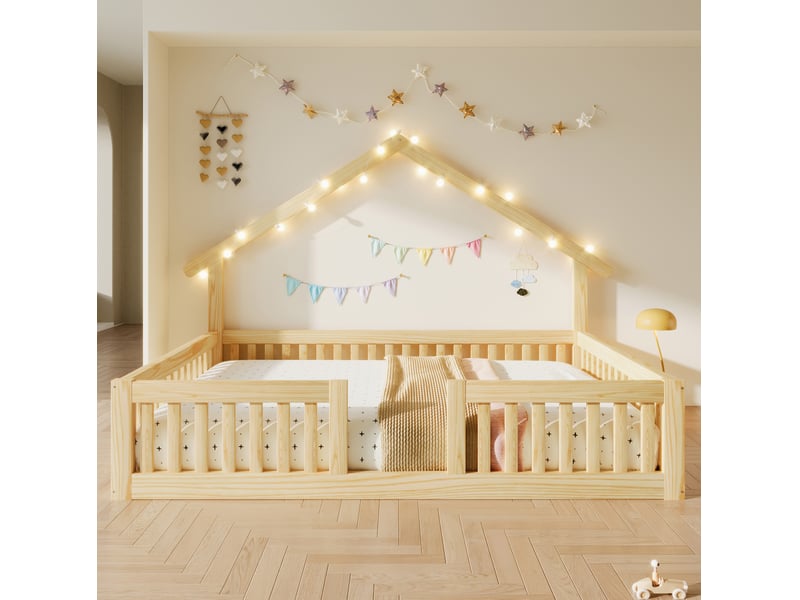  Lit enfant 140 × 200 cm cabane au sol avec barrière de sécurité et guirlande led en bois naturel pour chambre enfant  - Conforama B