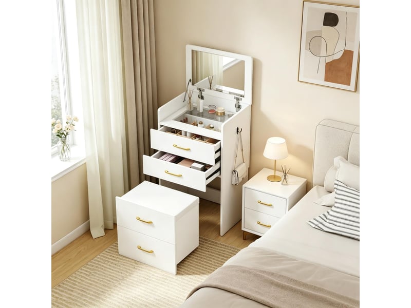 Coiffeuse 3 en 1 avec miroir rabattable 48x40x90 cm-3 tiroirs-plateau en verre-tabouret rembourré à roulettes-blanc - Conforama D