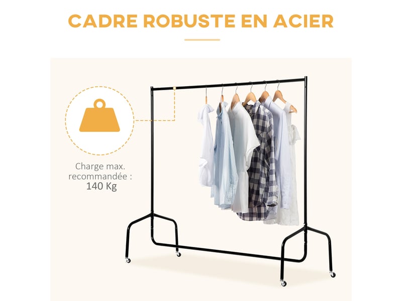  Portant à vêtements sur roulettes tringle 150 x 60 x 170 cm charge 140 kg gain de place mobile industriel en acier noir 21_0000105  - Conforama E