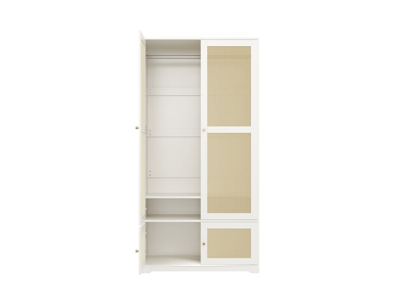 Armoire 2 portes avec penderie et étagères, 90x48x180 cm, mdf blanc, portes en rotin  - Conforama E