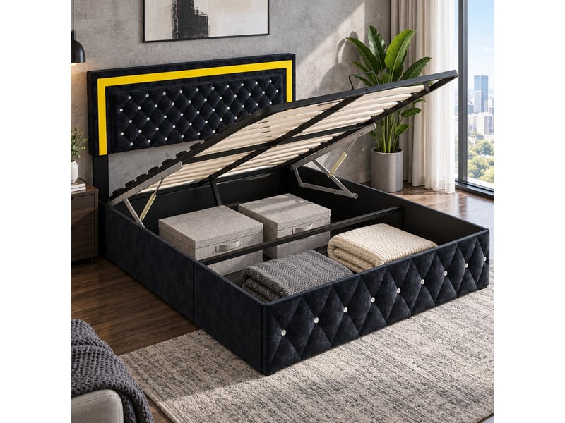  Lit coffre 2 places 160x200 cm, lit adulte avec rangement, tête de lit réglable, lit double, led, velours noir  - Conforama D