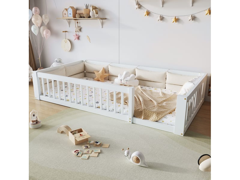 Lit enfant 90x200 cm, lit simple avec barrières de sécurité, coussins rembourrés, sommier, pin + mdf, blanc sans matelas  - Conforama W