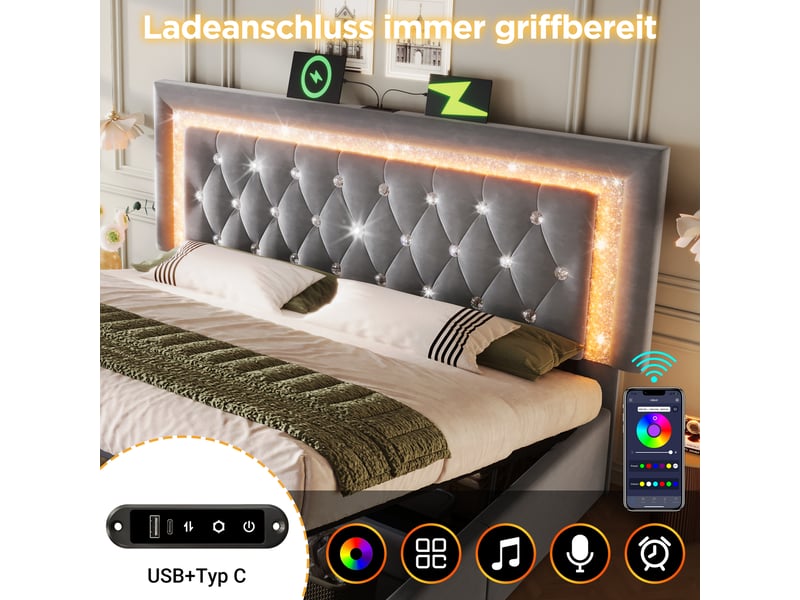  Lit coffre, lit double 160x200 cm, rangement hydraulique, led, usbusb-c, sommier à lattes, matelas inclus, velours gris  - Conforama E