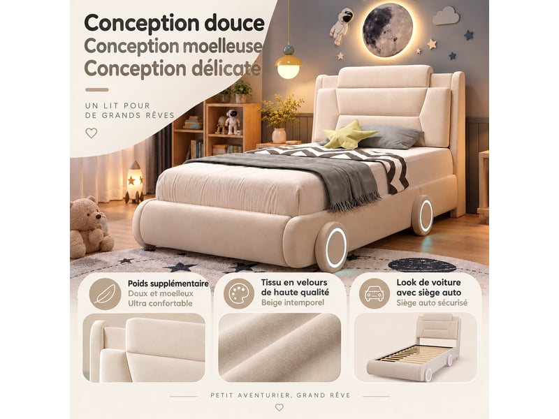  Lit voiture enfant 90 x 200 cm, velours crème, tête de lit réglable, roues lumineuses  - Conforama D