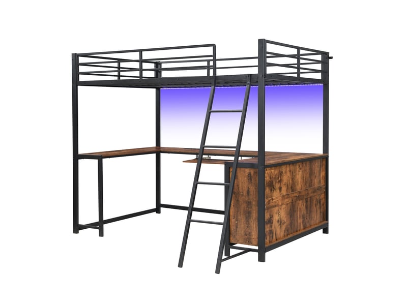  Lit mezzanine 120x200 cm avec bureau led et rangement, noir métal et décor bois, sans matelas  - Conforama D