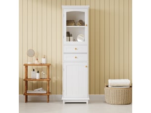 Meuble de salle de bain, 45 x 36 x 160 cm, portes vitrées, 2 placards, 2 tiroirs et étagères réglables, blanc