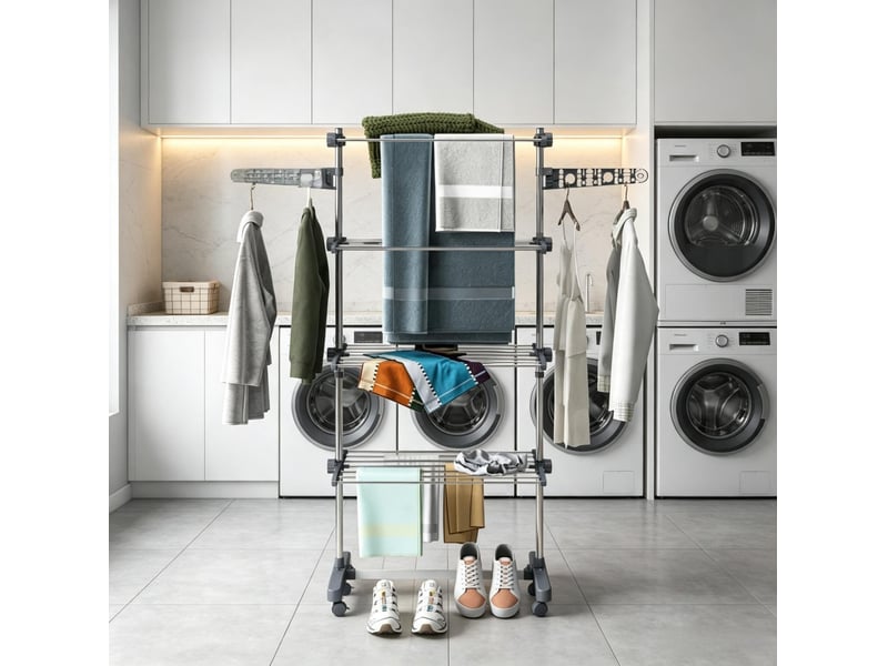 Étendoir à linge pliable 142 x 55 x 172 cm – gris – 4 niveaux réglables et roulettes verrouillables - Conforama E