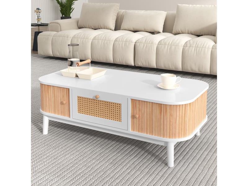  Table basse, 110x55x38.5 cm, bois massif, rotin, 2 tiroirs, portes coulissantes, style champêtre, design moderne et fonctionnel pour salon  - Conforama D