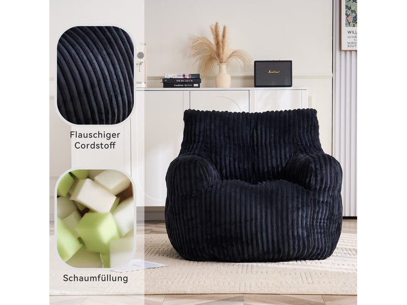  Fauteuil sac 010 fixe noir en velours côtelé, rembourré de flocons de mousse à mémoire de forme, 100 × 94 × 70 cm  - Conforama E