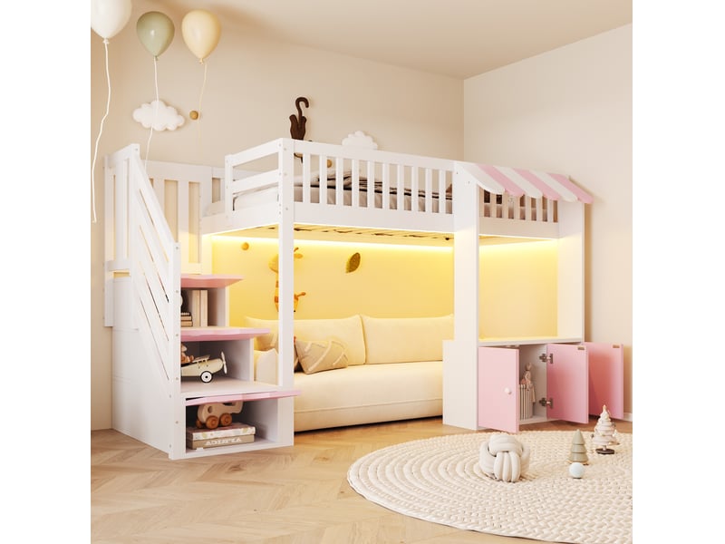  Lit mezzanine 90x200 cm avec escalier de rangement et led, blanc et rose  - Conforama D