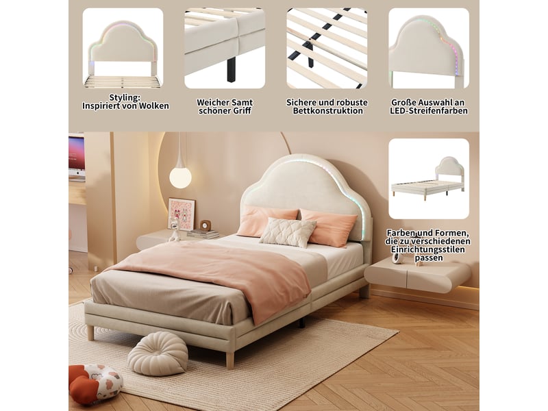  Lit simple 90x200 cm, tête capitonnée en forme de nuage avec bande led multicolore à modes changeants, sommier à lattes, velours, beige  - Conforama E