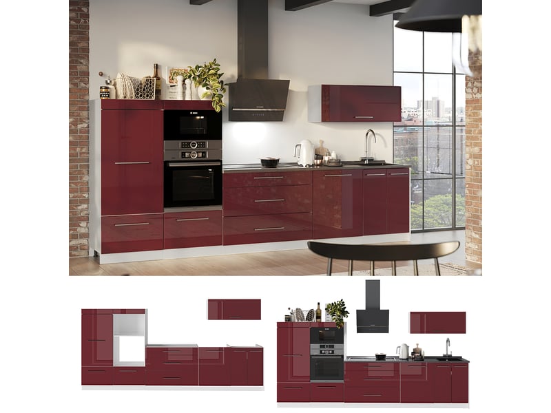 Vicco cuisine, rouge bordeaux haute brillanceblanc, 340cm, pt anthracite - Conforama D