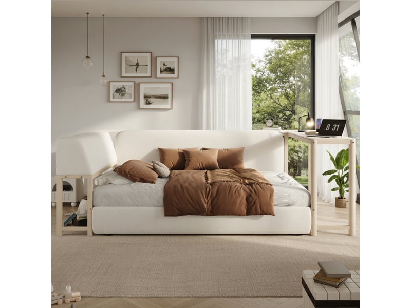  Lit adulte 90 x 200 cm, avec tête de lit à rangement, éclairage led, bureau et tiroirs, noir  - Conforama B