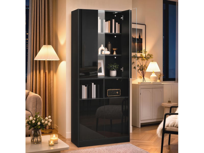 Armoire haute avec led pilotable par appli, 4 portes, 2 niches et étagère réglable en noir, 70 × 35 × 180 cm - Conforama D