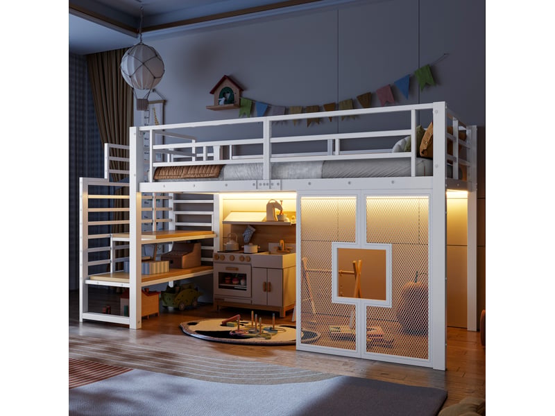  Lit mezzanine, 90x200 cm, pour chambre, lit enfant, escalier avec rangement, led, fenêtres, métal et mdf, coloris blanc  - Conforama E