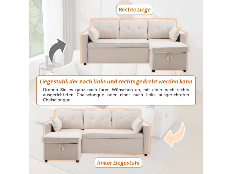 Canapé d'angle convertible 3 places en tissu effet lin, méridienne réversible, rangement, 211×130×86 cm - Conforama E