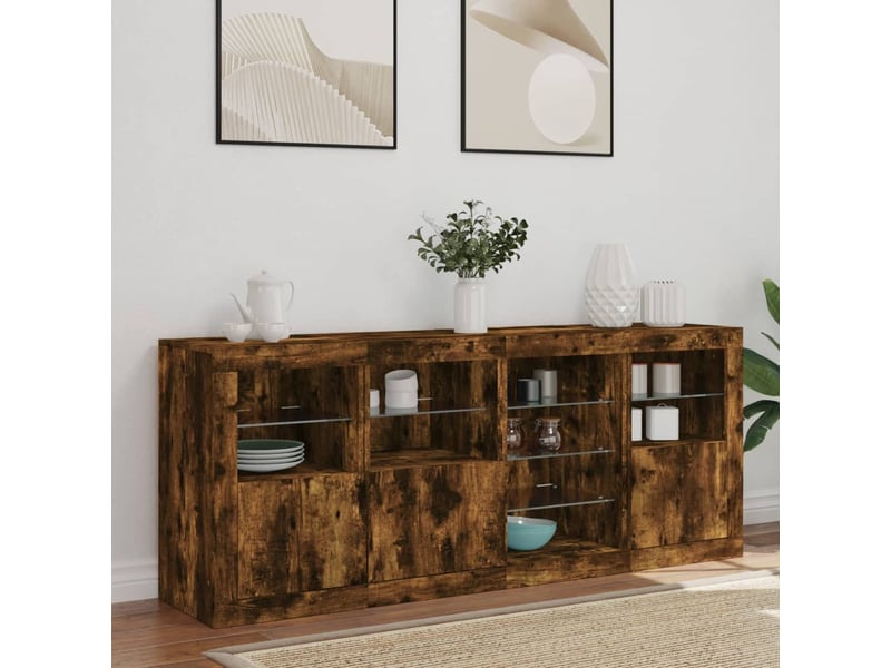  Buffet salon, buffet de rangement avec lumières led chêne fumé 164x37x67 cm  - Conforama C