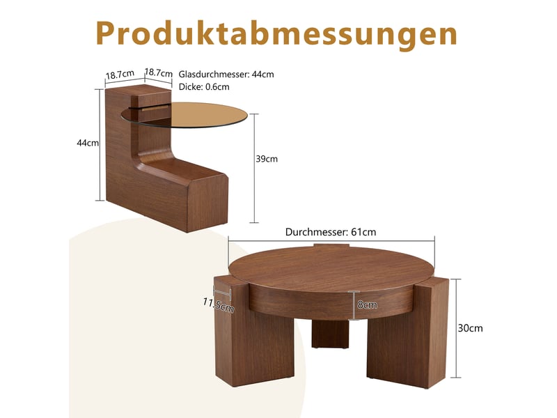  Table basse gigogne ronde, plateau en verre brun, structure en mdf aspect noyer, design séparable et gain de place  - Conforama C