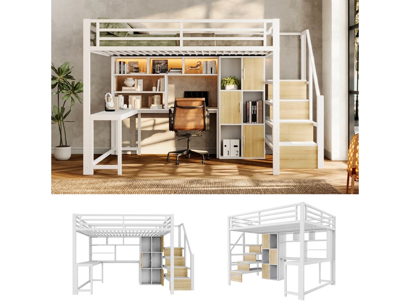 Lit mezzanine 140 x 200 cm - avec échelle de rangement - avec compartiments de rangement - avec bande lumineuse led - blanc (matelas non inclus) - Conforama E